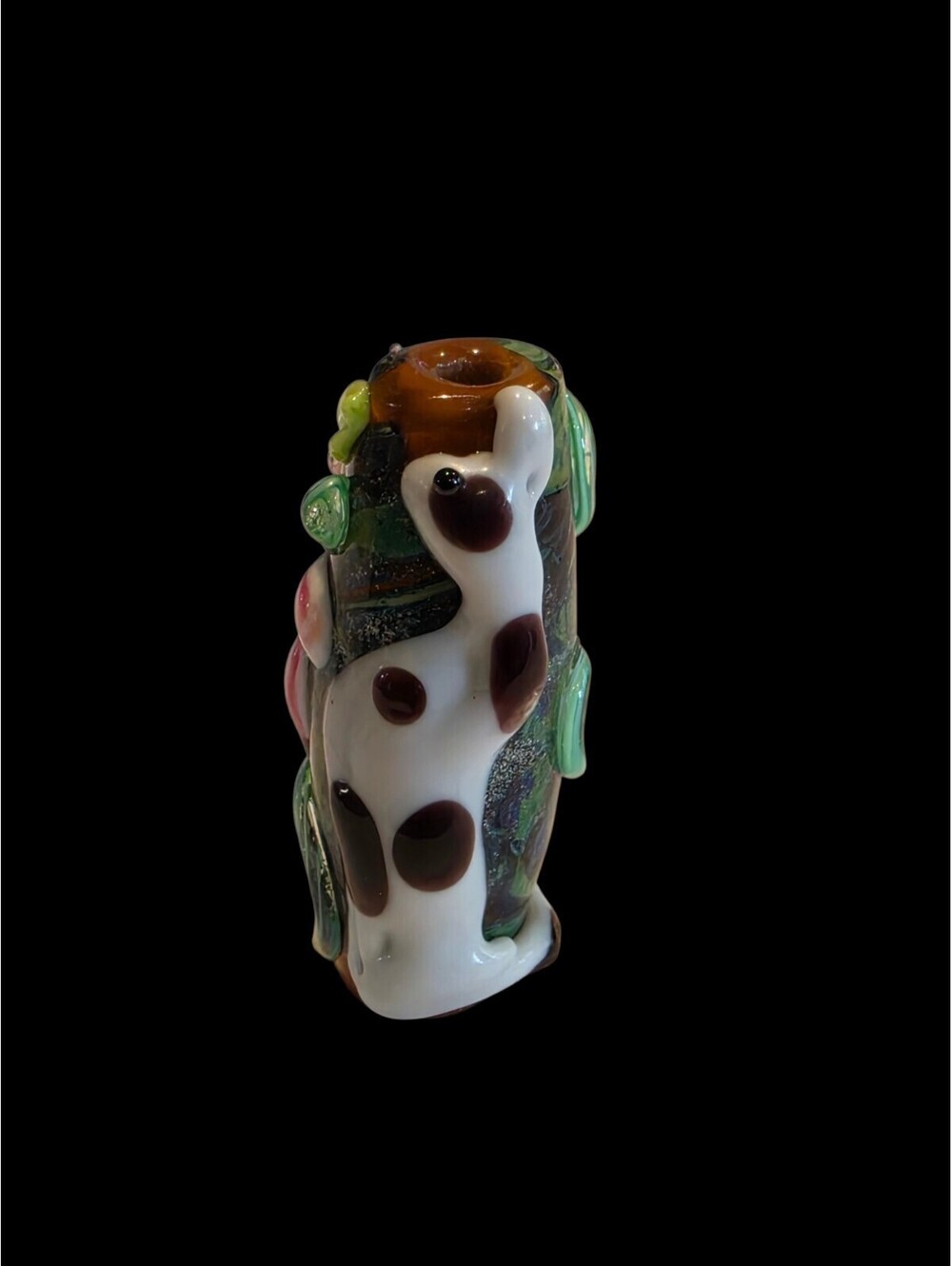 Handmade Glass Lampwork Bead Pink Flower Spotted Animal Long Tube Unsigned